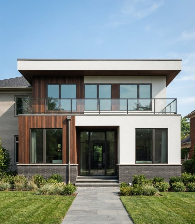 Straight-on architectural elevation of a modern residential home addition with clean geometric lines, bright natural daylight, rich saturated tones, 35mm lens.
