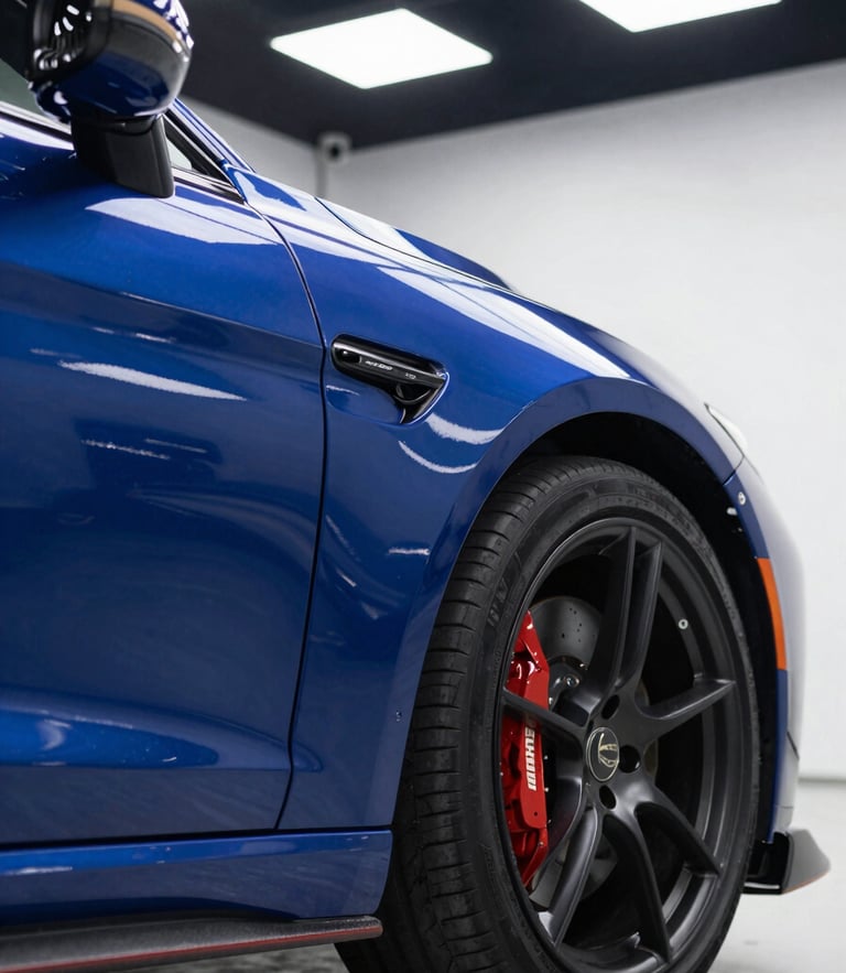 Low-angle heroic close-up of a flawless sports car fender, bright overhead studio lights reflecting off deep blue metallic paint with absolute clarity, sharp commercial automotive photography, 50mm