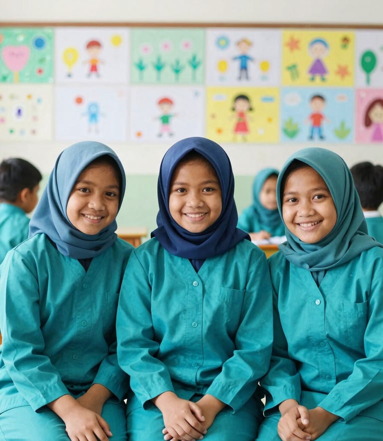 A warm group portrait of three smiling Indonesian female preschool teachers in matching teal uniforms, sitting in a bright sunlit classroom with colorful drawings on the wall behind them, natural daylight, 35mm photography