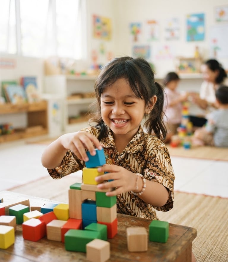 Candid photo of a young Indonesian child smiling warmly while playing with colorful wooden blocks in a bright, clean classroom, soft natural daylight, 35mm