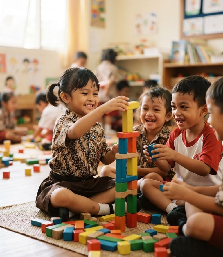 Candid shot of Indonesian preschool children building a colorful tower with wooden blocks, bright natural daylight, soft focus background, warm vibrant colors, 35mm
