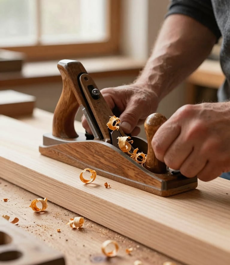 Close-up of a master woodworker's hands using a vintage hand plane on a raw white oak slab, golden wood shavings curling off, warm window light, shallow depth of field