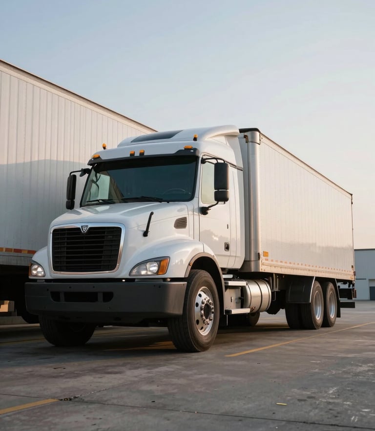 Low-angle wide shot of a pristine white tractor-trailer parked at an active warehouse dock in crisp early morning light, metallic surfaces gleaming