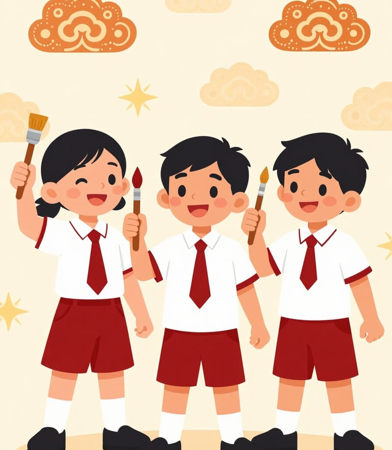 Playful flat vector illustration of smiling Indonesian elementary school students in red-and-white uniforms holding paintbrushes, warm sunny daylight, cheerful batik cloud motifs in background