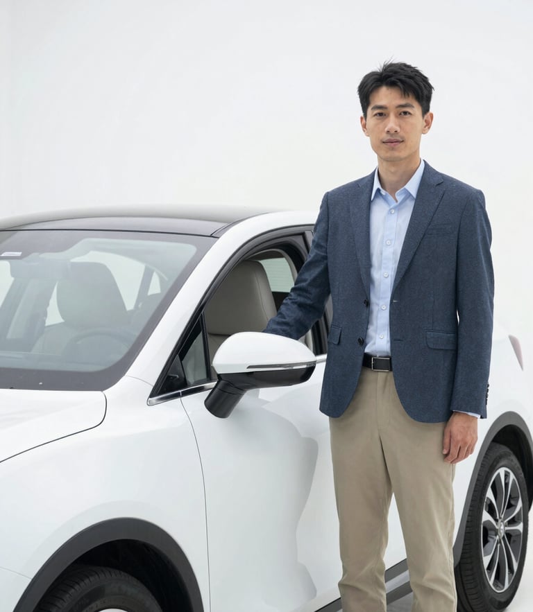 Approachable professional driver in smart-casual wear standing next to a clean, well-maintained modern private hire vehicle, bright overcast daylight, sharp focus, 35mm lens