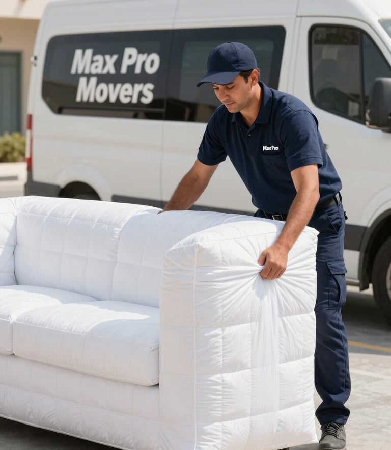 Crisp editorial photograph of a uniformed Max Pro Movers crew member carefully wrapping premium furniture in thick quilted padding, bright natural UAE daylight.