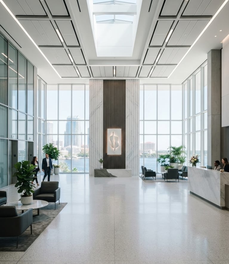 Straight-on architectural shot of a modern clean corporate lobby in Tampa, high-key natural light, cool crisp tones, professional interior design, 35mm