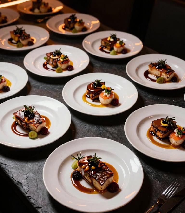 Dramatic overhead shot of gourmet corporate catering dishes, dark slate background, warm amber spotlight highlights, crisp details