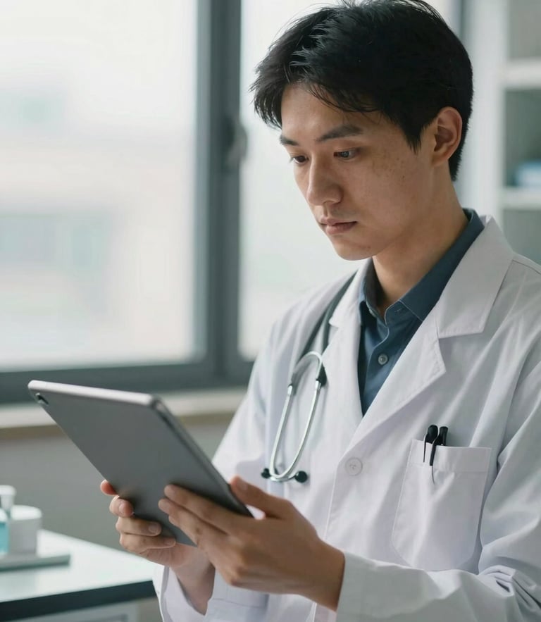 A thoughtful doctor in a modern clinic looking down at a tablet, soft overcast window light, warm editorial photography, shallow depth of field