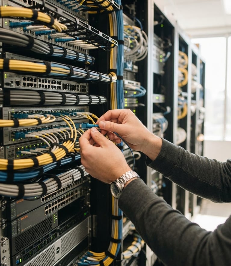 Close-up of hands configuring high-performance network cables into a clean server rack, bright natural office daylight, editorial style, 35mm lens