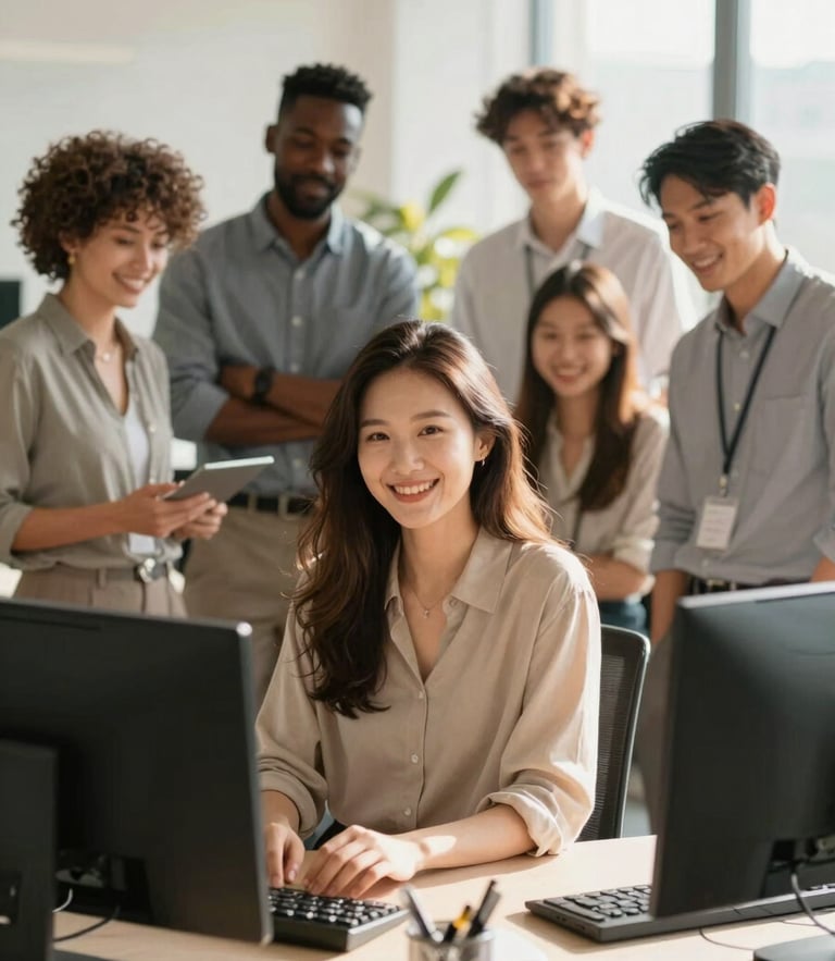 A portrait of a diverse group of IT professionals collaborating in a modern sunlit workspace, warm tones, authentic smiles, editorial style, 35mm lens