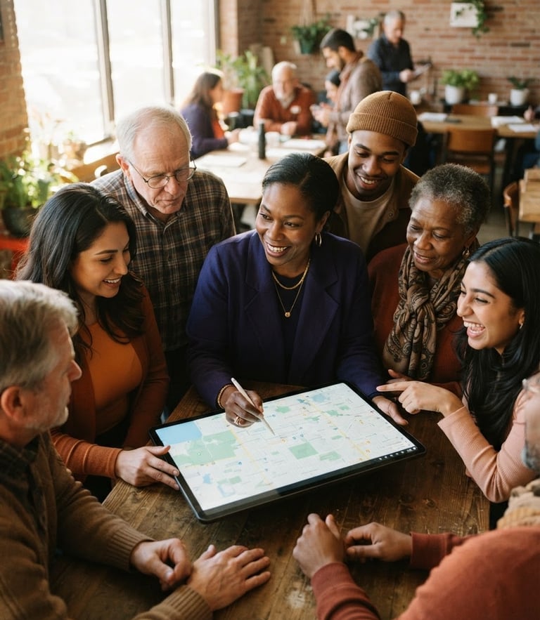 A collaborative community workshop in Missouri, with diverse participants gathered around a large digital map on a tablet, warm natural window lighting, soft focus, professional editorial style.