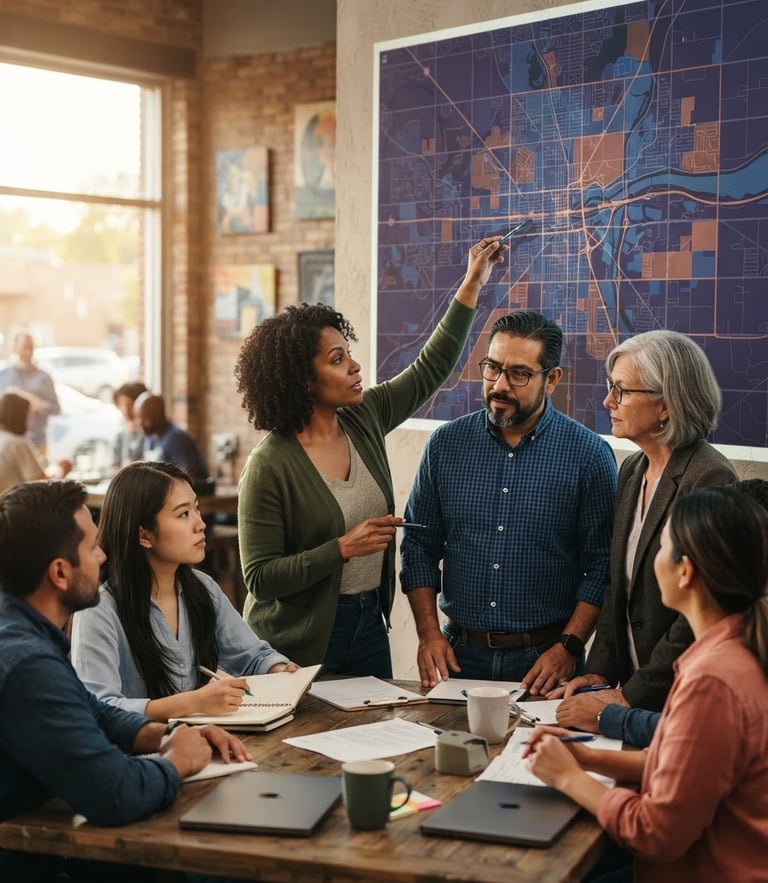 A collaborative community workshop in Missouri, diverse local leaders analyzing a digital map projected on a wall, warm natural window light, editorial photography style.