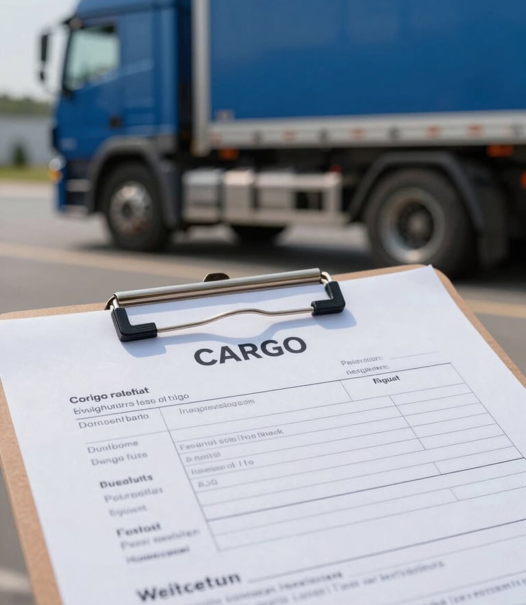 A high-contrast close-up of a professional cargo manifest document secured on a clipboard, with a heavy-duty blue transport truck parked in the soft-focus background under bright daylight.