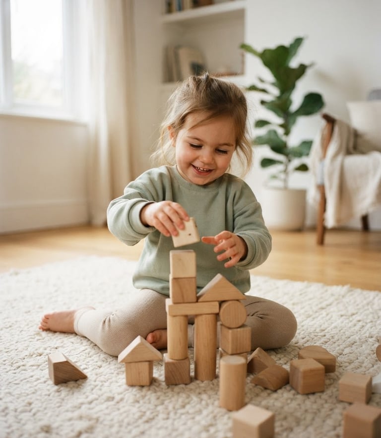 Candid eye-level photo of a young child playing with natural wooden blocks on a clean, sunlit cream rug, soft diffused window light, warm Scandinavian home aesthetic.