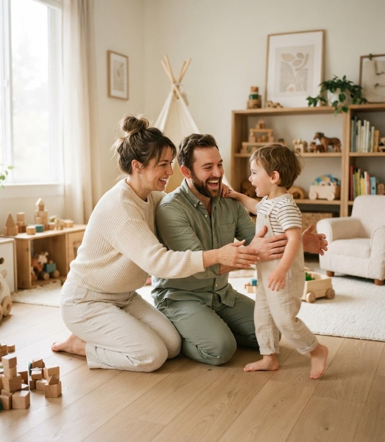 Warm lifestyle photography, soft natural daylight, Mindy and Aaron welcoming a child into a clean, sunlit Scandinavian-style home playroom, eye-level, shallow depth of field, 35mm