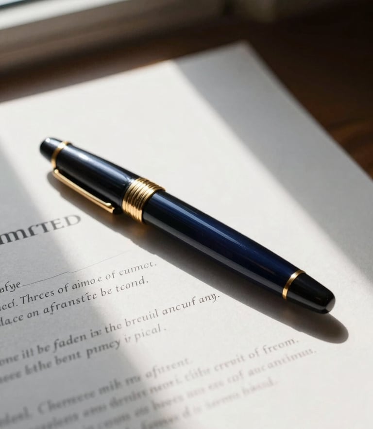 Dramatic editorial photography of a high-end fountain pen resting on a signed legal public deed, soft window side-light, gold ink accents, shallow depth of field.