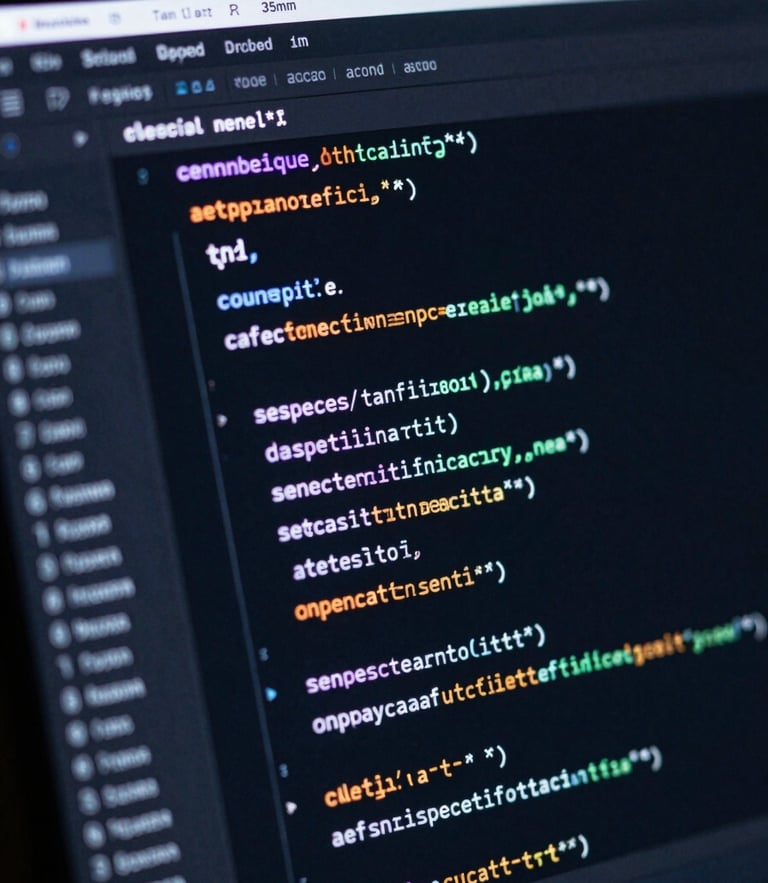 Sleek dark-mode technology photography, neon ambient glow, high-contrast macro screen details of a dark IDE with glowing code, sharp focus, 35mm