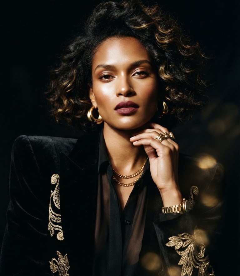 Medium close-up portrait of ESTRELLA, high-fashion editorial pose, high-contrast dramatic lighting, deep obsidian background with warm gold reflections, 35mm film.