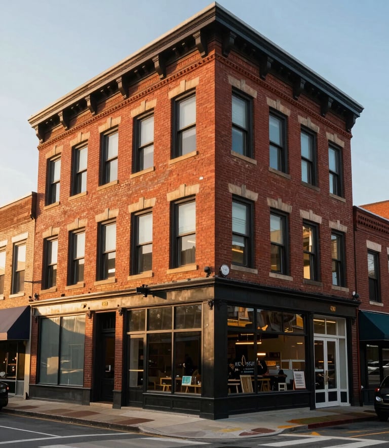 Wide environmental shot of a historic red brick building in Midtown St. Louis during warm golden hour, showcasing masonry details and ground-floor storefronts.