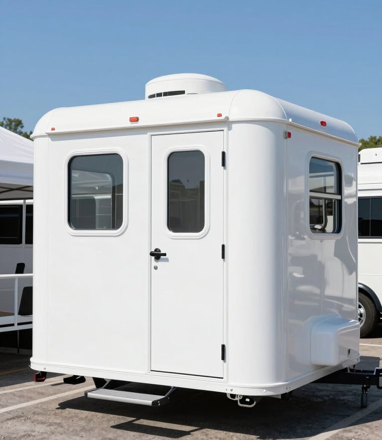 Pristine white luxury restroom trailer parked on a clean, organized outdoor event site, bright natural daylight, crisp high-contrast blue and white tones, sharp focus, 35mm.