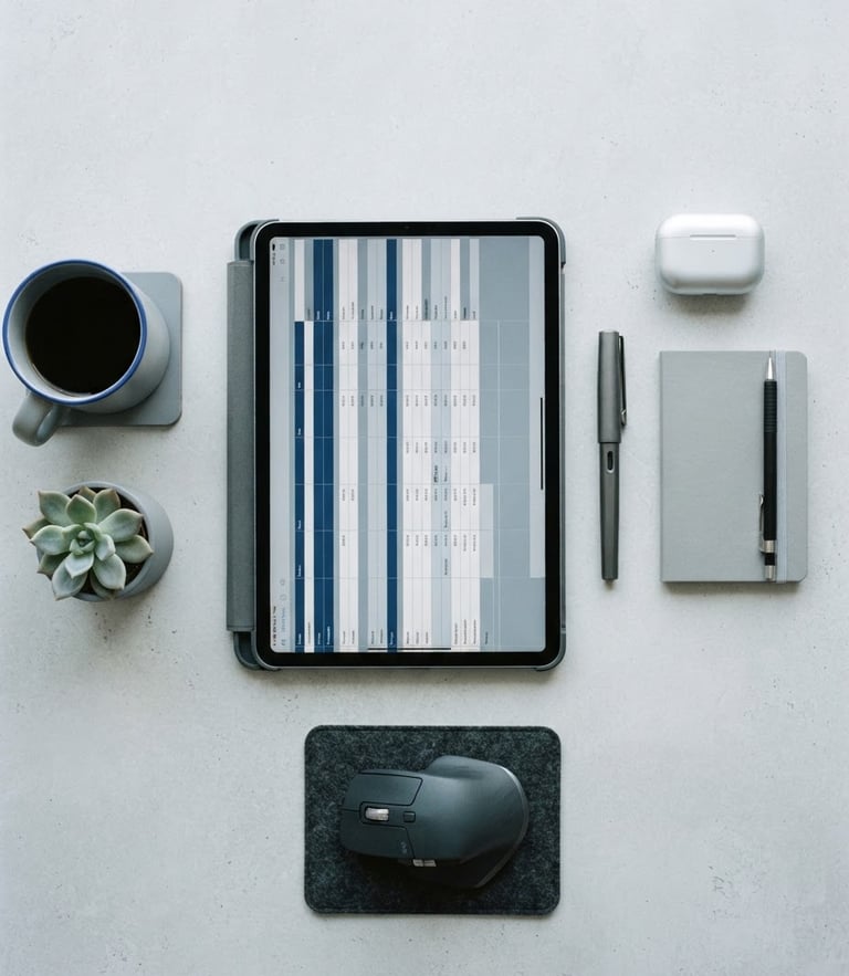 Overhead desk layout with a clean organized workspace, a tablet showing structured database grids, daylight, cool gray tones, 35mm