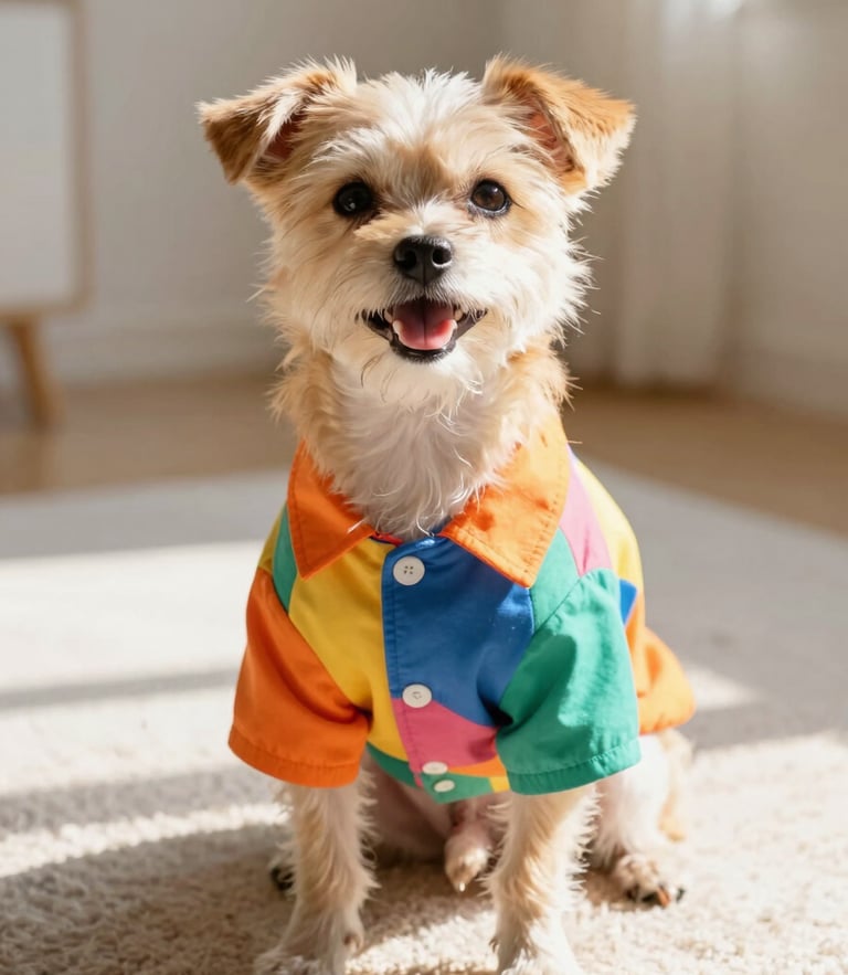A happy small dog wearing a vibrant custom-tailored colorful shirt, sitting comfortably on a soft rug, warm natural indoor daylight, eye-level portrait