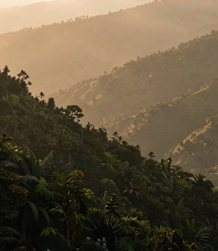 Misty morning in the high-altitude Andes mountains near Medellin, deep green foliage, cinematic travel photography, warm golden-hour light, 35mm