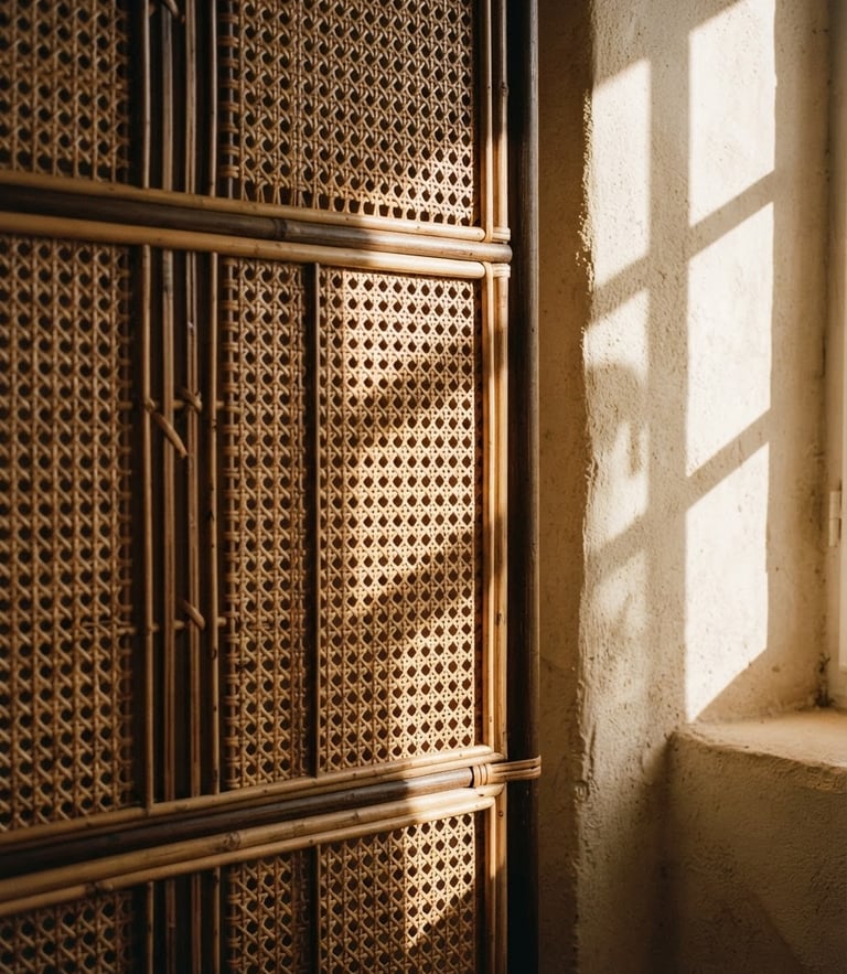 Architectural close-up of a folding rattan screen in a sunlit room, strong directional afternoon light casting soft-edged shadows on a warm plaster wall, 35mm.