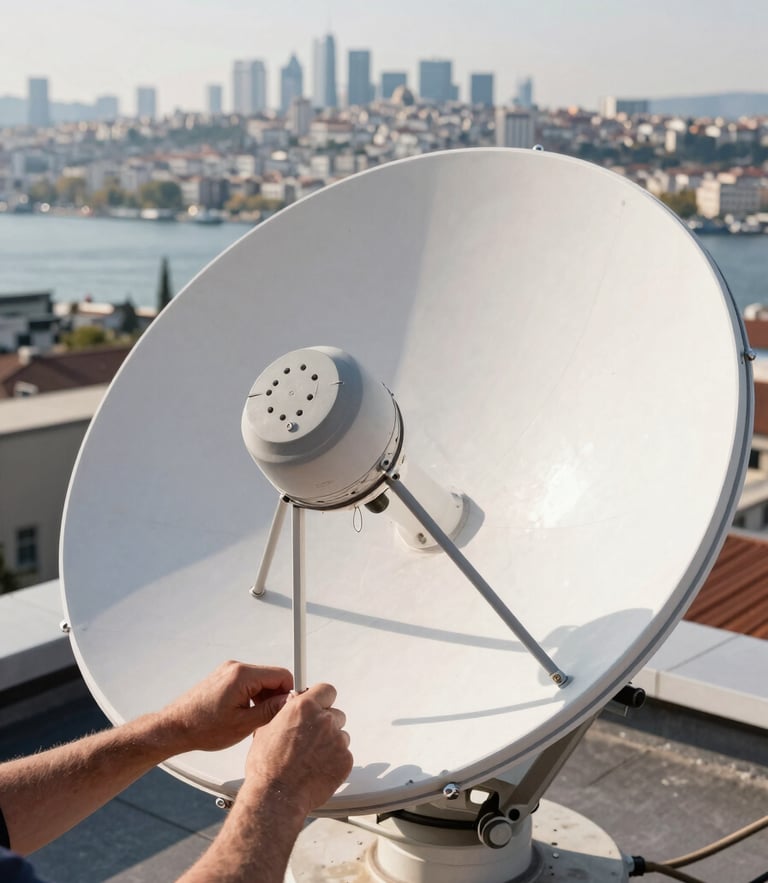 Close-up action shot of a technician's hands adjusting a satellite dish feed horn on a rooftop with the Istanbul skyline and Bosporus in the soft-focus background, bright morning daylight, clear technical precision.