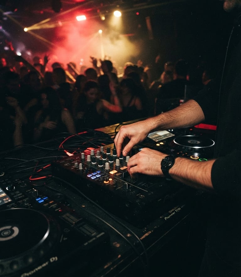 Dark atmospheric club photography with neon red and gold backlighting, close-up of hands on a DJ mixer mid-set, motion blur, high contrast, 35mm film grain.