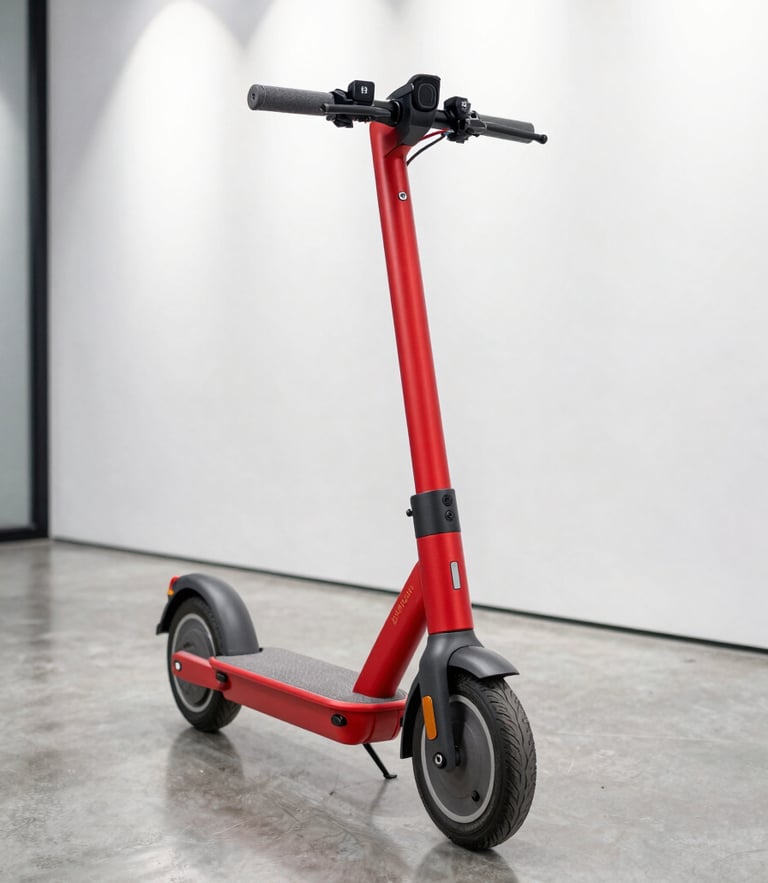 Premium red electric scooter parked inside a bright, modern minimalist showroom with polished concrete floors and dramatic spotlighting, sharp focus, 50mm