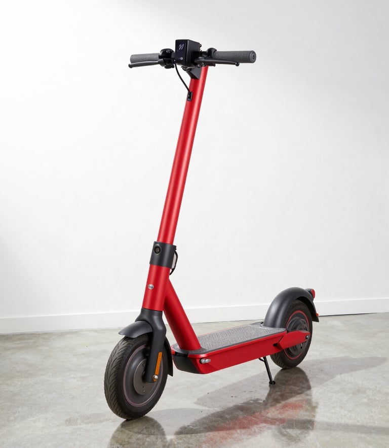 A premium red electric scooter parked inside a clean, modern high-end vehicle showroom with bright studio lighting and concrete floors, crisp reflections, 50mm