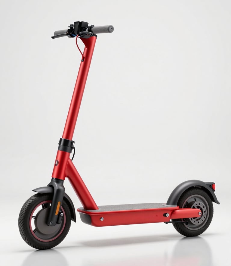 Three-quarter profile of a premium crimson electric scooter parked in a brightly lit modern showroom, clean white background, sharp focus, 50mm