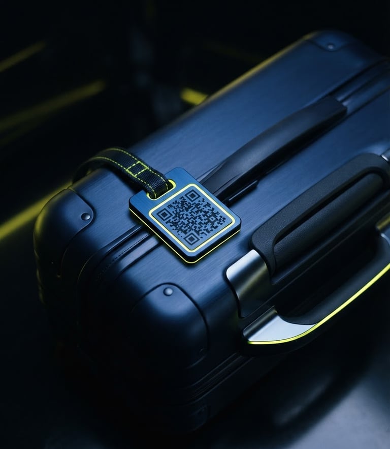 Sleek close-up of a designer suitcase with a premium midnight blue QR tag, high-contrast studio lighting with neon yellow edge-glows, sharp focus, 35mm