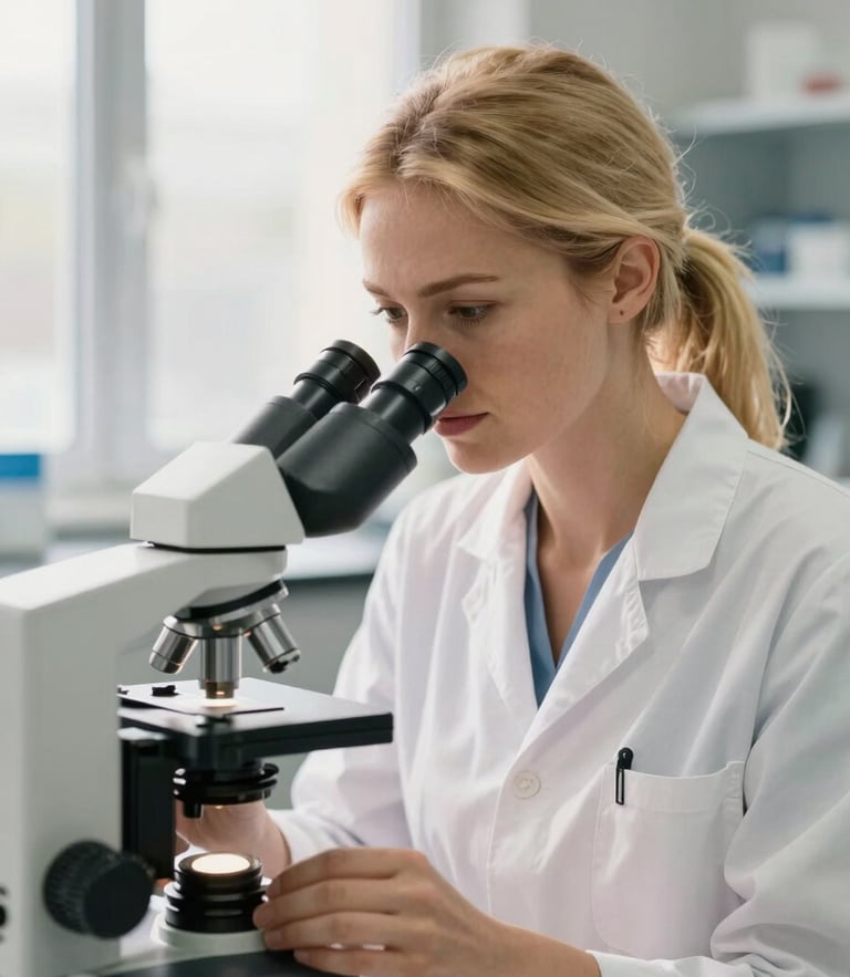 A beautiful professional European-type blonde female technician with radiant skin, focused on her work, looking into a microscope in a bright clinical laboratory with soft warm window light, 35mm photography