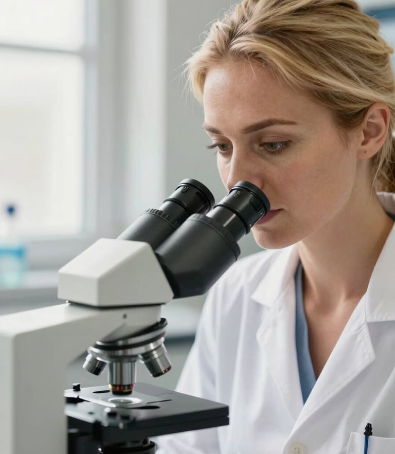 Medium close-up of a beautiful European-type blonde female laboratory technician with radiant skin, looking focused into a professional microscope under soft natural window light, warm clinical editorial photography