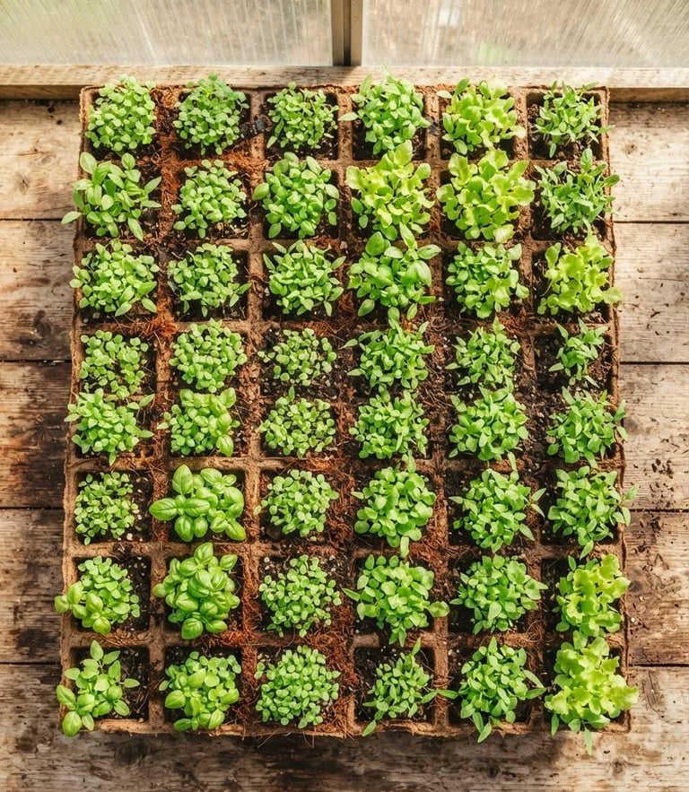 Overhead flat-lay of vibrant green seedlings sprouting from rich brown coir on a clean wooden potting bench, bright greenhouse sunlight