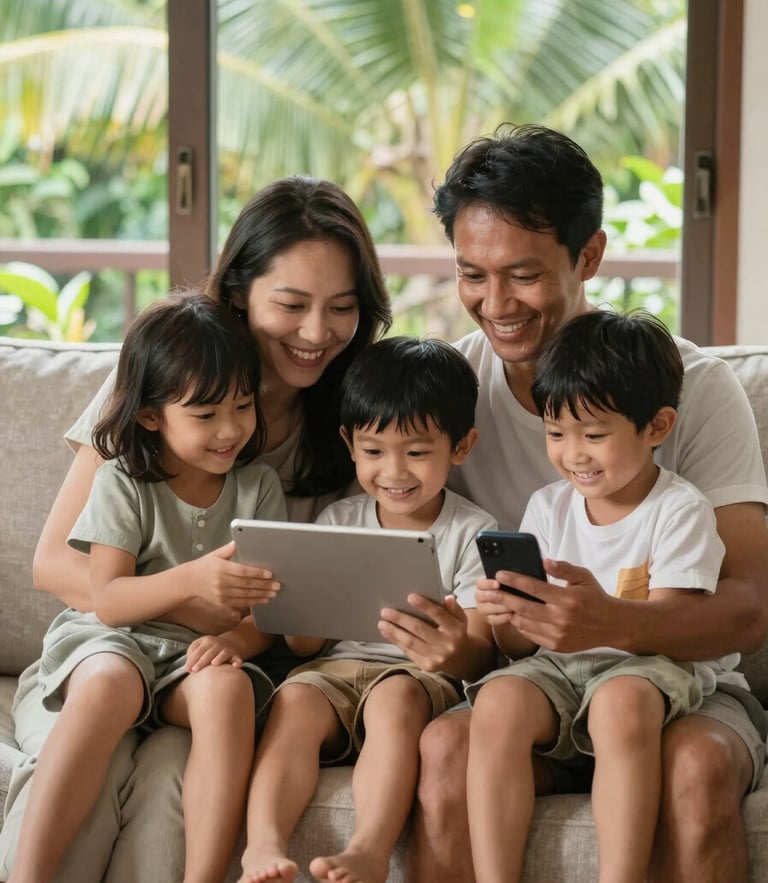 A warm, bright medium shot of an Indonesian family sitting on a cozy living room sofa, smiling together while using a tablet and smartphone under natural tropical daylight.