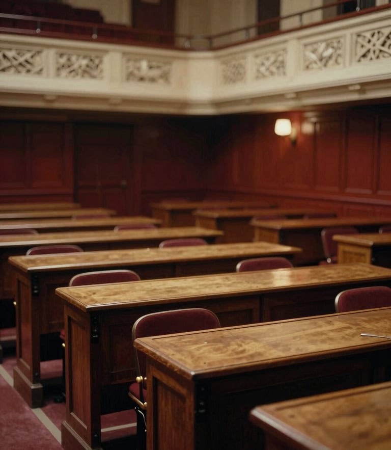 A warm-lit historical lecture hall with elegant wooden desks, soft cinematic lighting, 35mm film grain, scholarly atmosphere