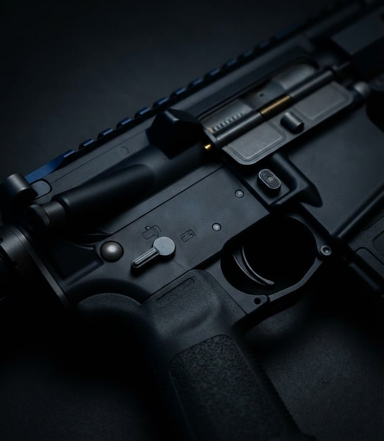 Macro close-up of a high-end firearm receiver on a matte black workbench, low-key side lighting with subtle deep blue rim highlights, sharp focus, 50mm lens.