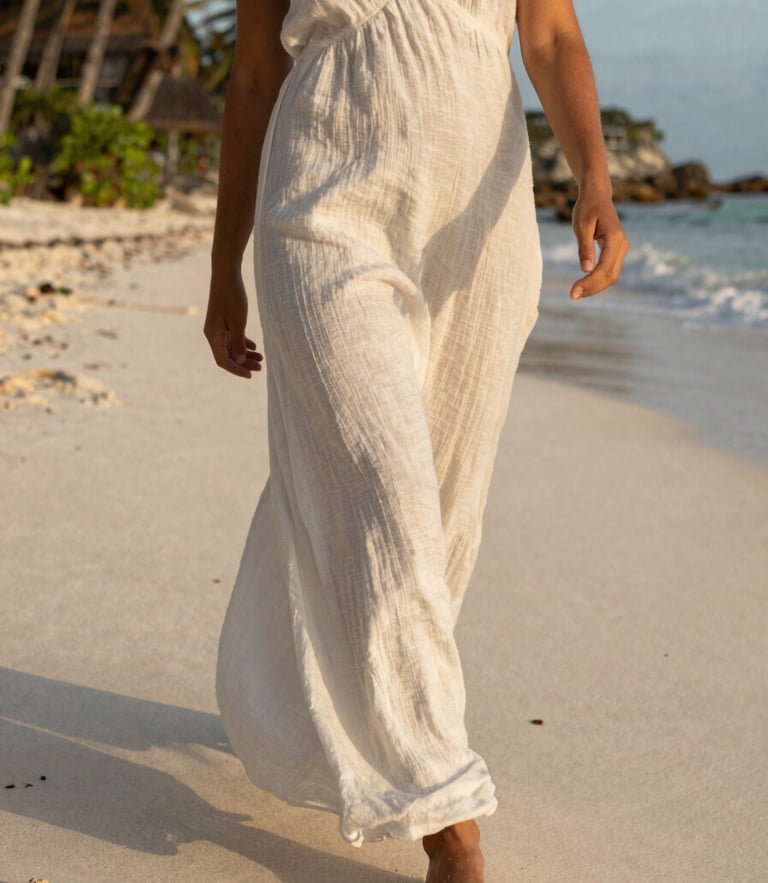 A close-up of a woman in a flowing white linen dress walking on a quiet, sun-drenched Tulum beach during golden hour, soft shadows, 35mm.