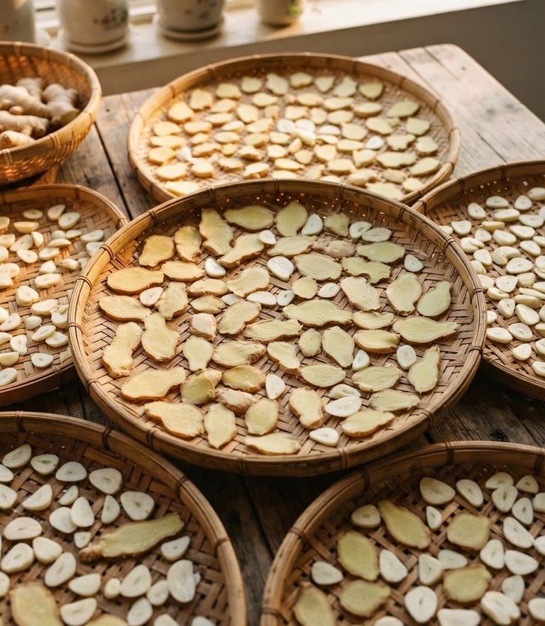 Overhead flat-lay of traditional woven bamboo drying mats with sliced ginger and garlic under warm, soft golden-hour window light, 35mm