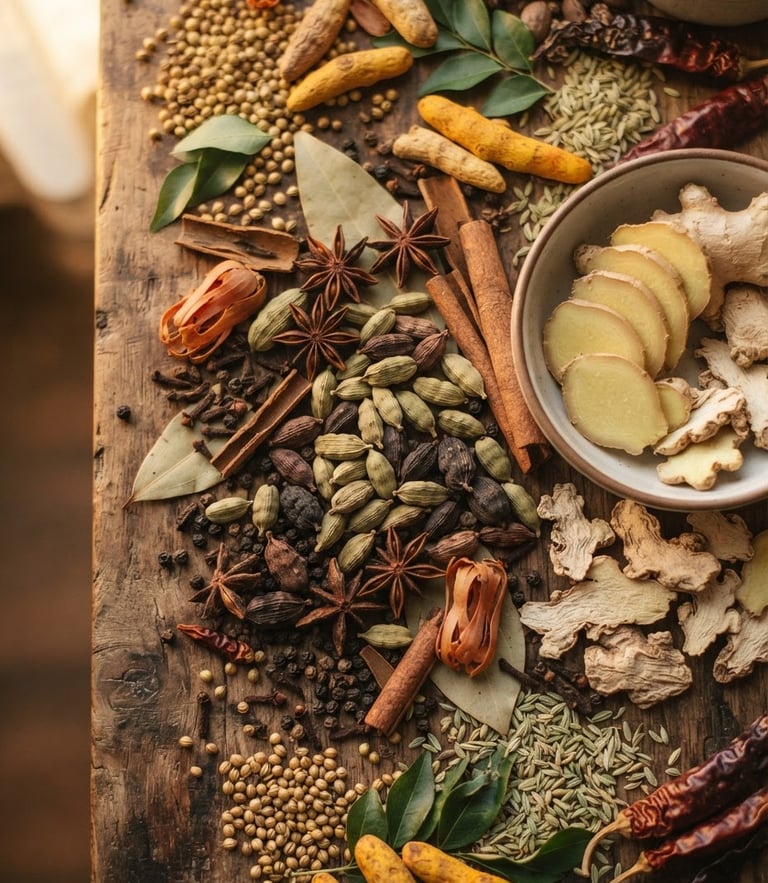 Overhead flat-lay of dried Kerala spices, cardamoms, and sliced ginger on a warm wooden surface under soft golden-hour window light.