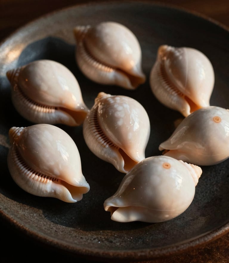 Dramatic close-up of polished white cowrie shells on a dark, textured ceramic plate, warm side-lighting casting deep shadows, 35mm photography.