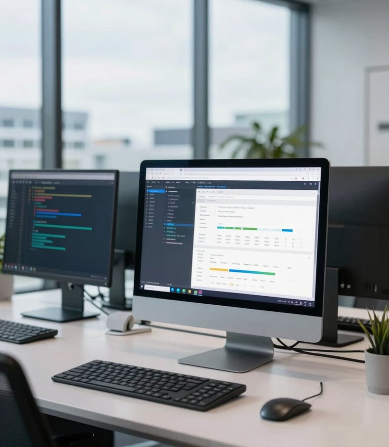 A modern, bright Auckland digital agency office with natural daylight, clean screens showing code and analytics, professional editorial style
