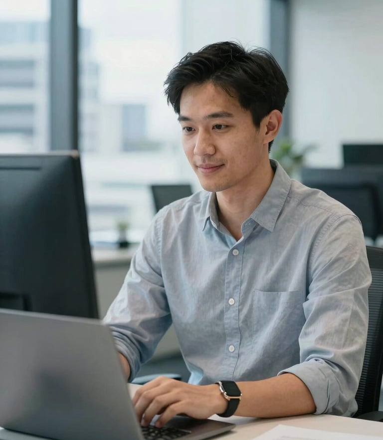 A professional, natural-light portrait of a digital strategist collaborating in a modern Auckland office, cool blue and grey tones, sharp focus, editorial style