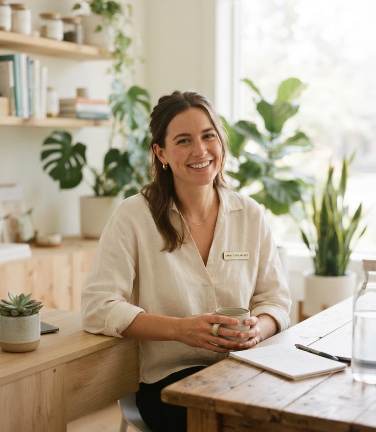 A warm editorial portrait of a female clinical dietitian in a bright, sunlit modern wellness clinic, surrounded by soft botanical details, 35mm photography, warm natural daylight