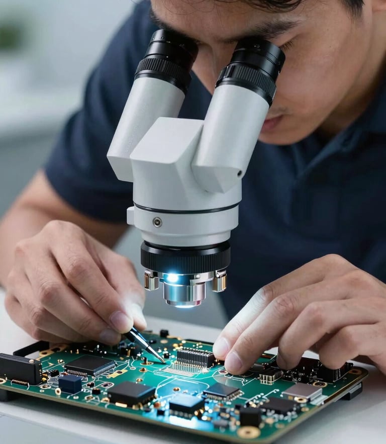 Macro shot of a technician in a dark polo shirt repairing a MacBook logic board under a bright cool-toned microscope, metallic textures, high detail, 35mm
