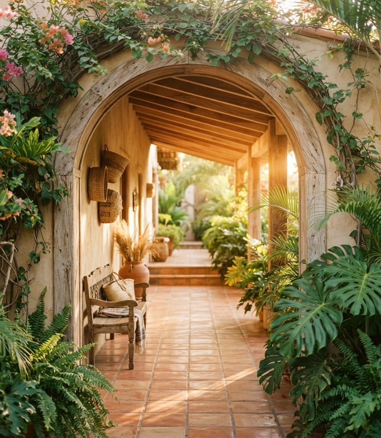 Warm editorial photography of a sunlit guesthouse corridor with natural wood, tropical plants framing the architectural archway, golden-hour light